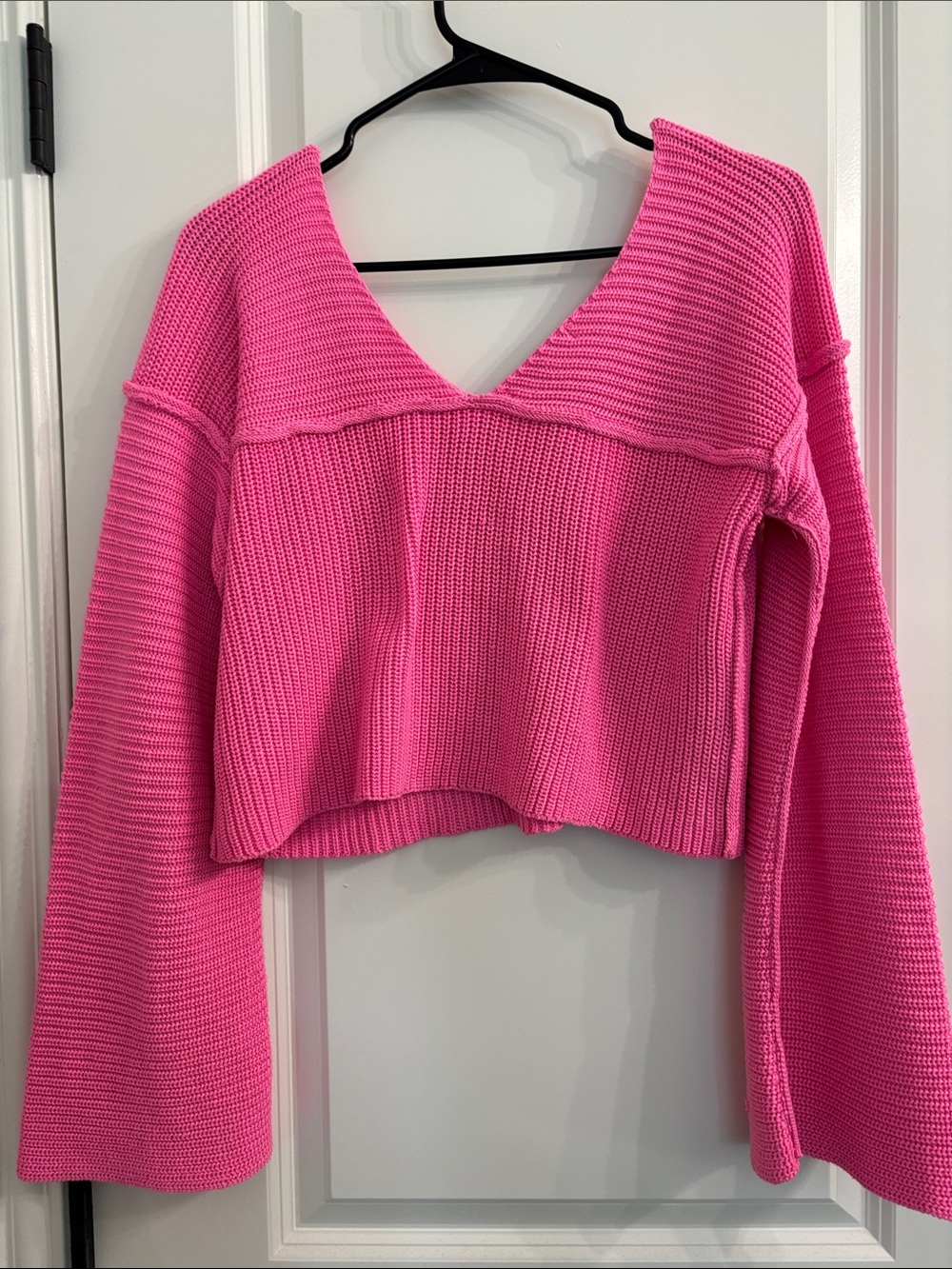 Bright Hot Pink Knit Button-Front Crop Sweater - Picture 8 of 8